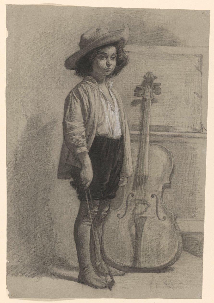Gutt som står ved en cello av Jan Veth