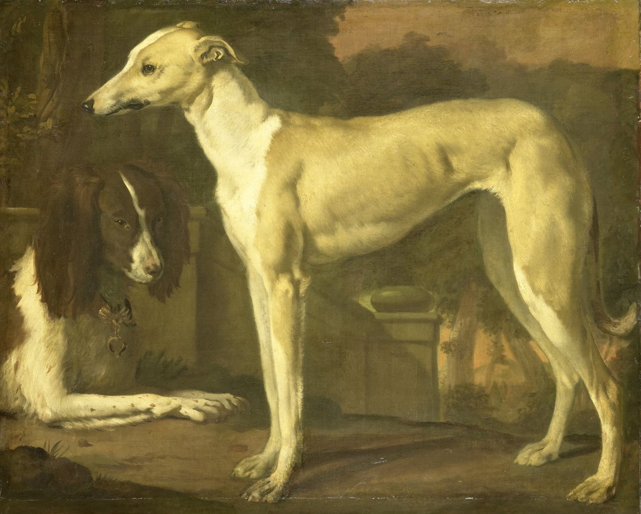 Portrett av en greyhound og spaniel av Jan Baptist Weenix