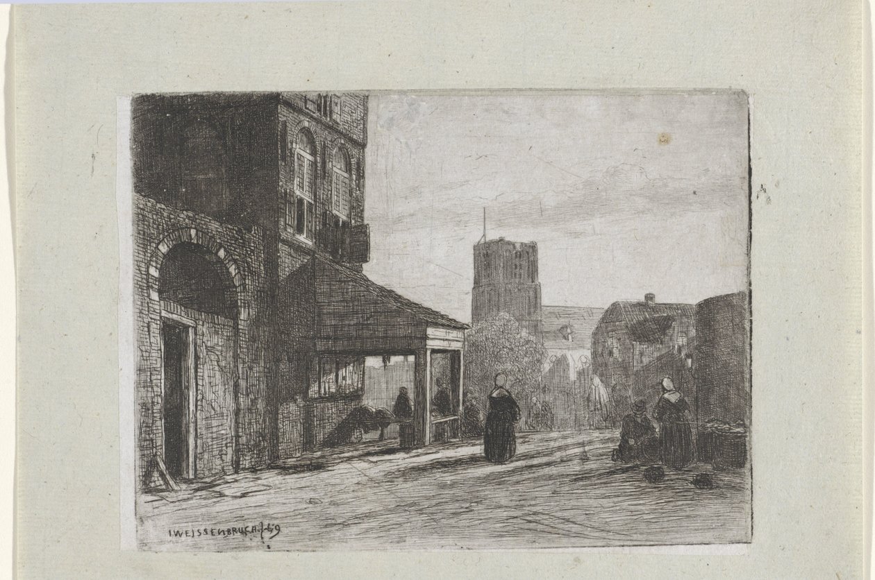 Utsikt over Saint Martin-kirken i Woudrichem av Jan Weissenbruch