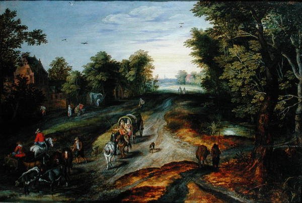 Landskap med en landsbyvei av Jan studio of Brueghel