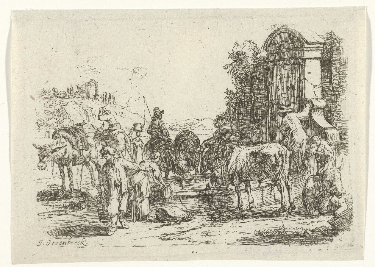 Drikker storfe ved en brønn av Jan van Ossenbeeck