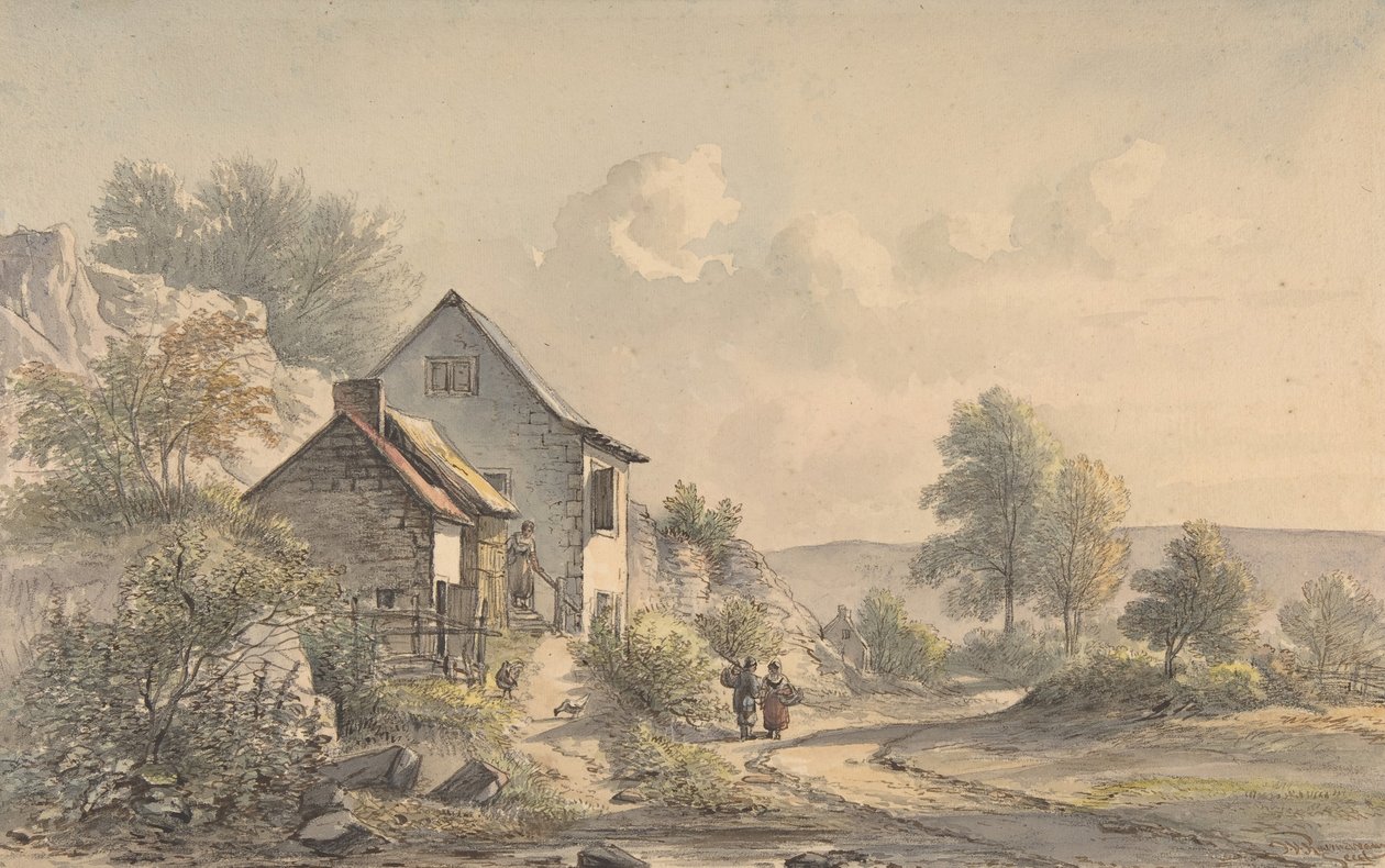 Landsbyscene med figurer, 1800-tallet. av Jan van Ravenswaay