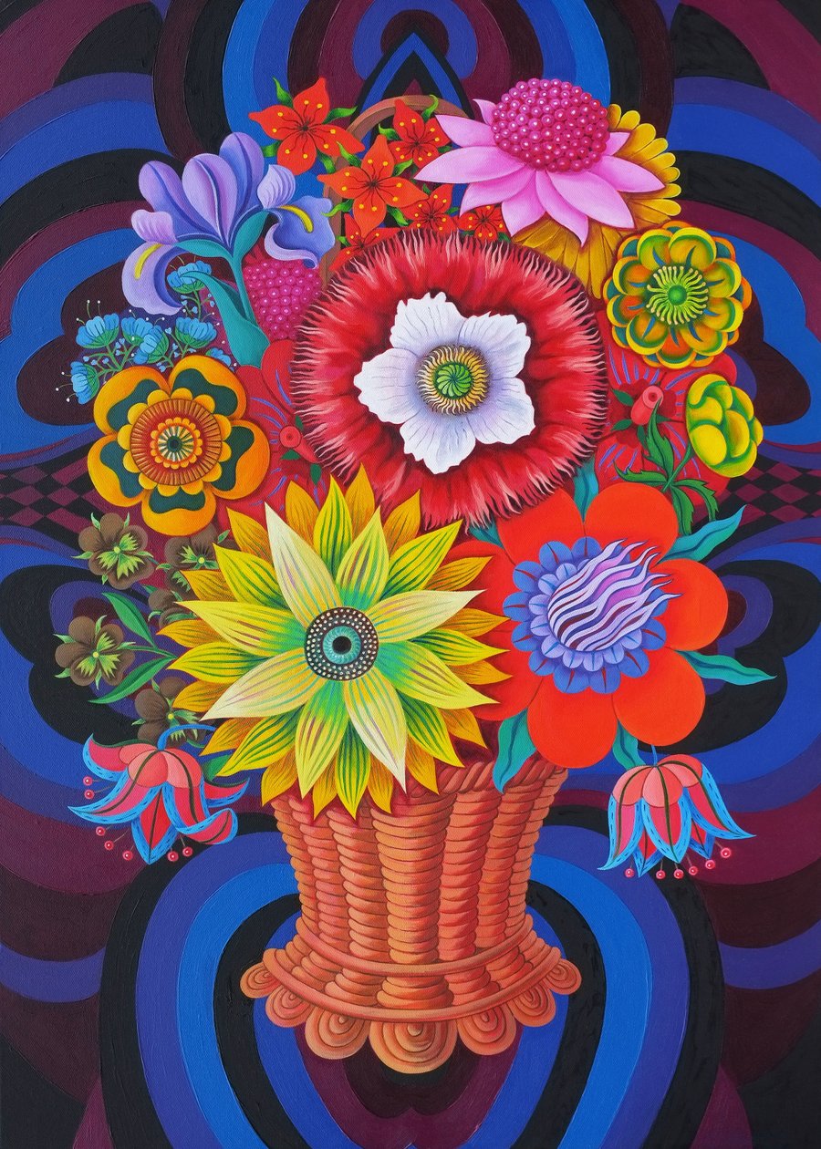 Blomstrer i en kurv, 2013, av Jane Tattersfield