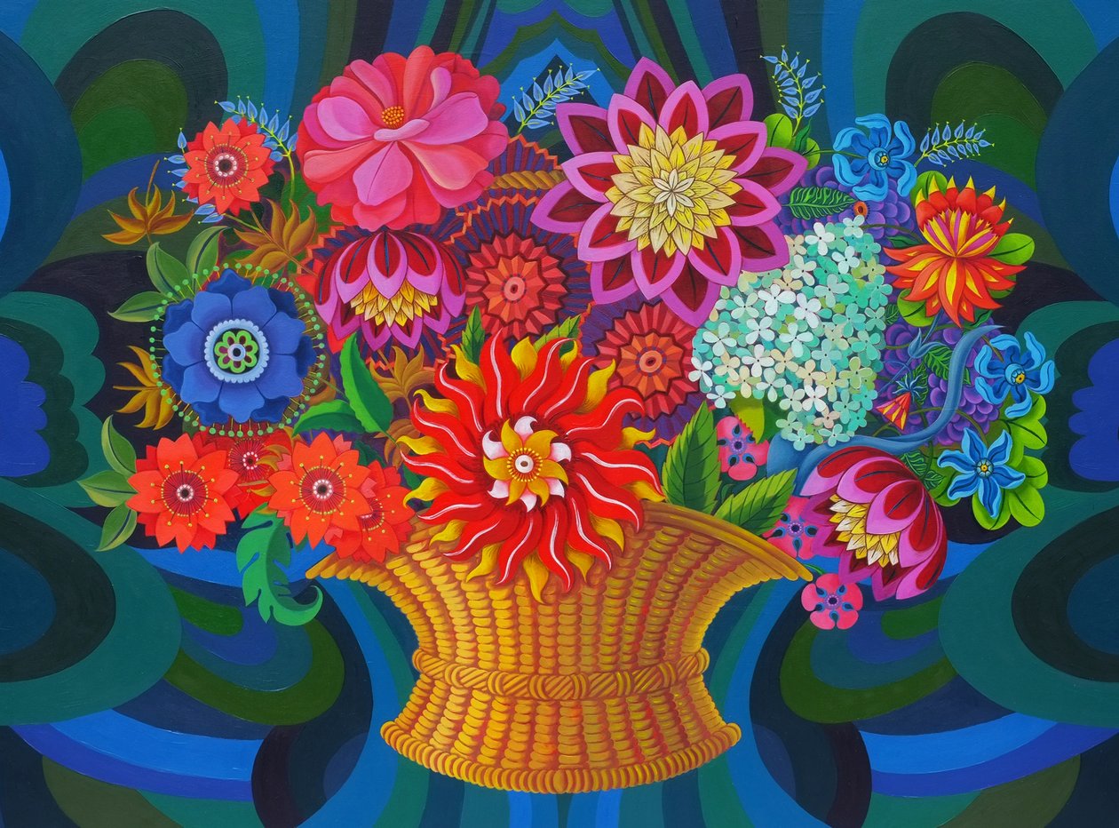 Flere blomster i en kurv, 2013, av Jane Tattersfield