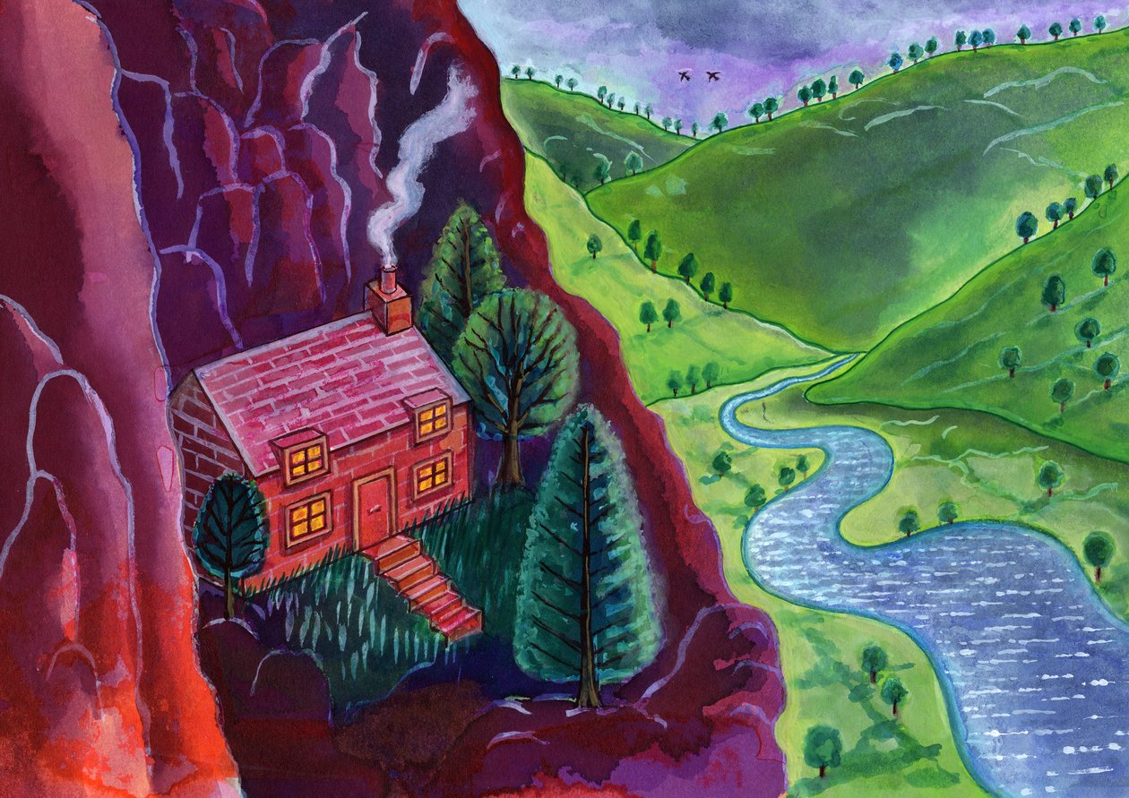 House in the Mountains, 2002, (blekk og gouache) av Jane Tattersfield