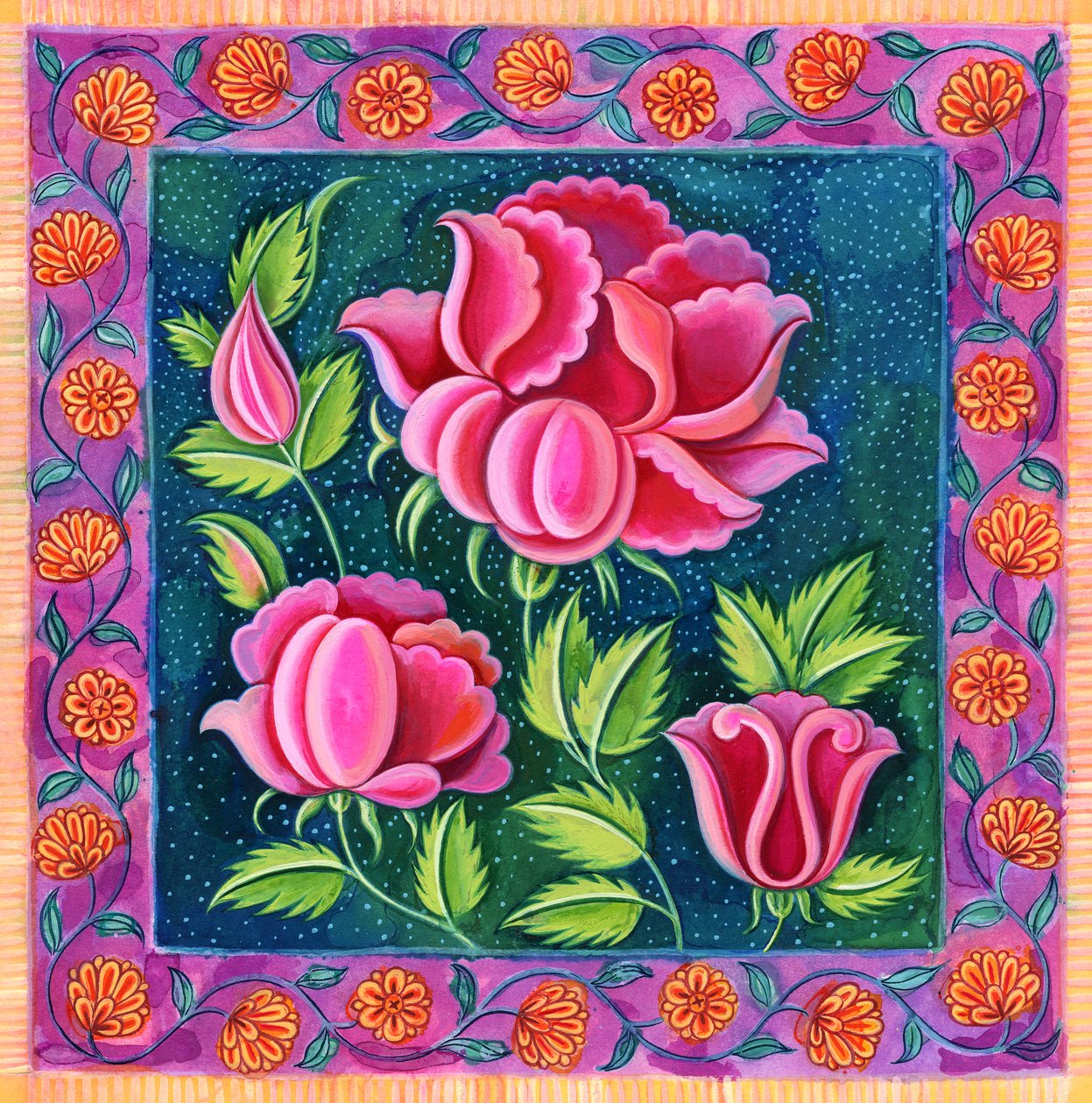 Rosa blomster, 1997, (blekk og gouache) av Jane Tattersfield