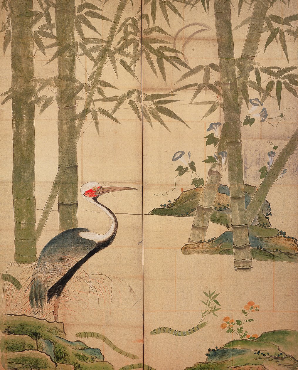 Bambus og kran, Edo-periode (wc på panel) av Japanese School