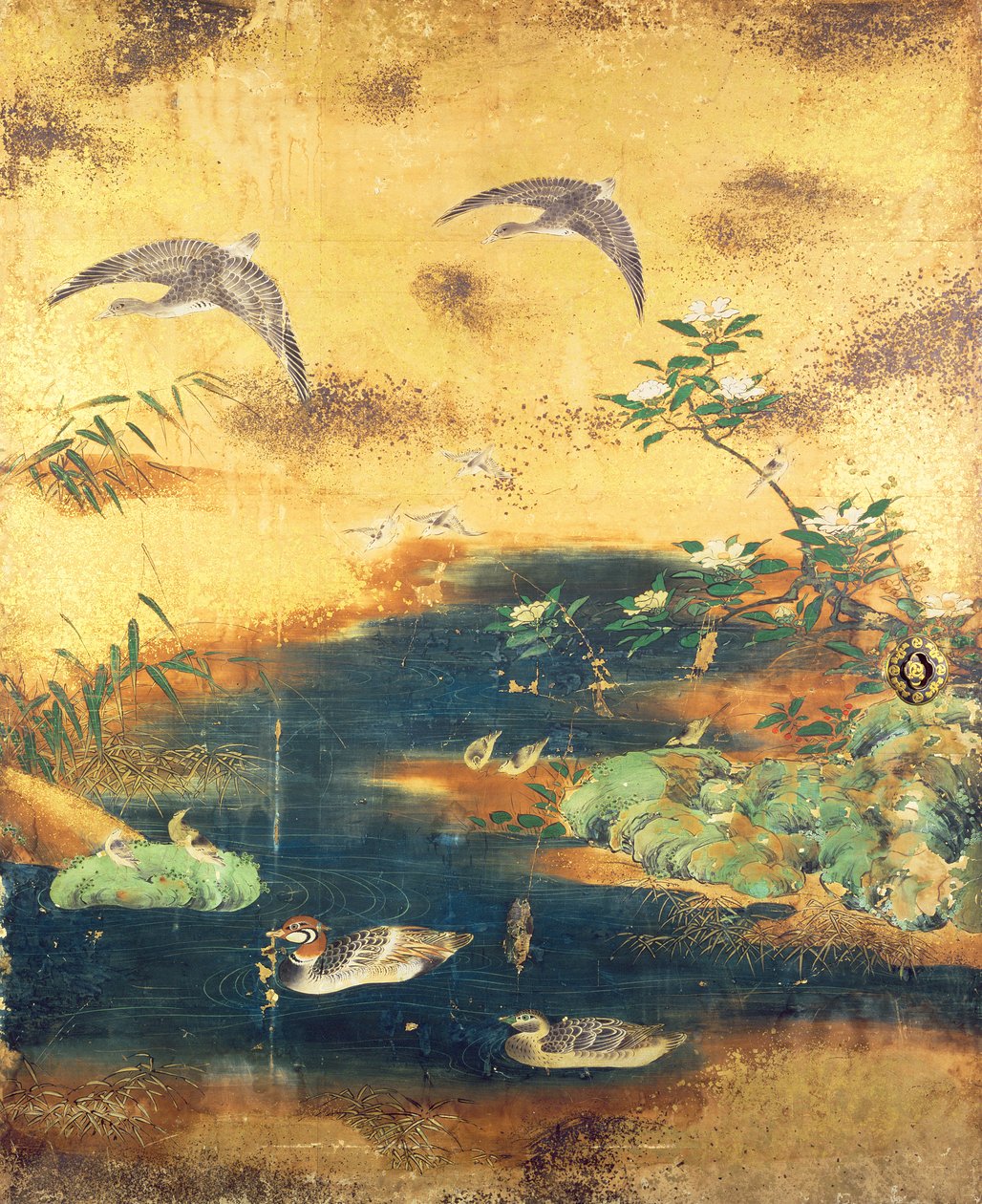 Skyvedørspanel for fugler og blomster (blekk, farger, gull og sølv på papir) av Japanese School