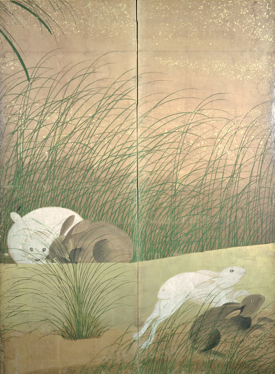 Harer og høstgress, ca. 1700 (blekk, farge og gull på papir) av Japanese School