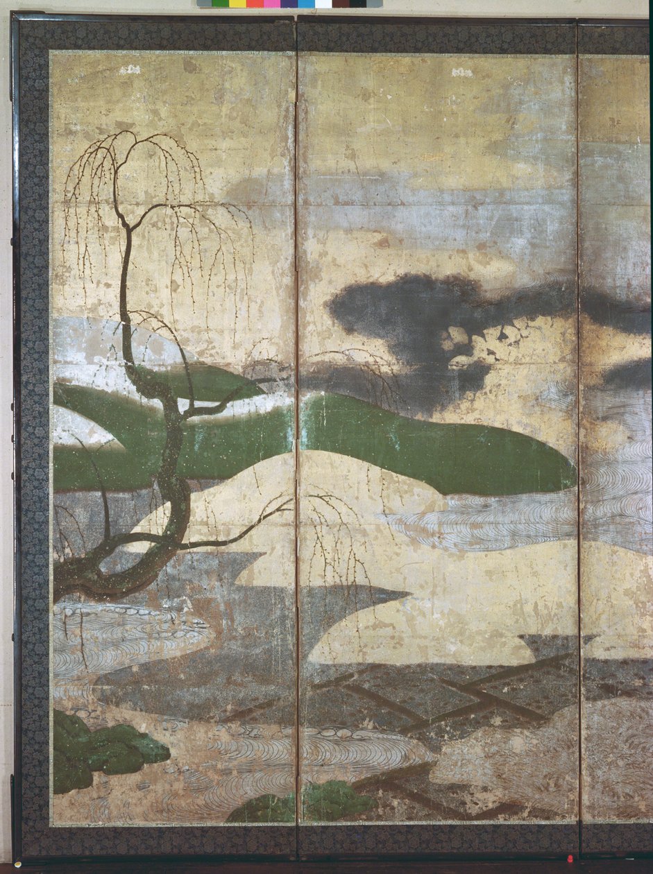 Moonlight Landscape (penn og blekk, farge, gullpapir på panel) (se 216574, 216575) av Japanese School