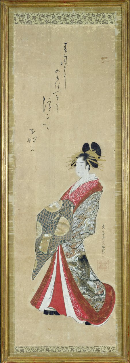 Portrett av en ung kurtisane (penn og blekk med vask på papir) av Japanese School