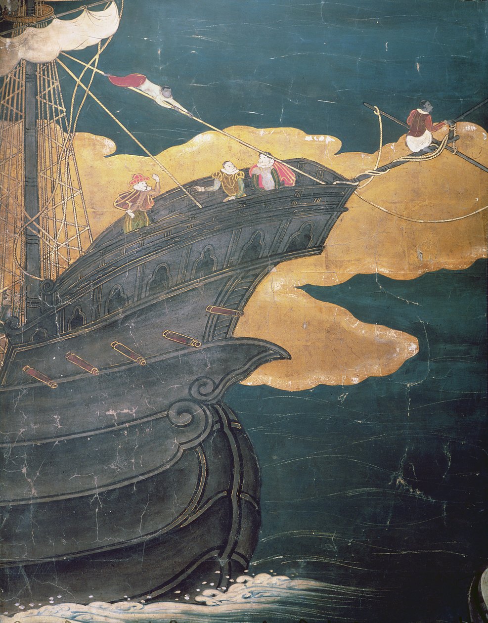 Portugisernes ankomst til Japan, detalj av skipets forstevne, fra en Namban Byobu-skjerm, 1594-1618 av Japanese School