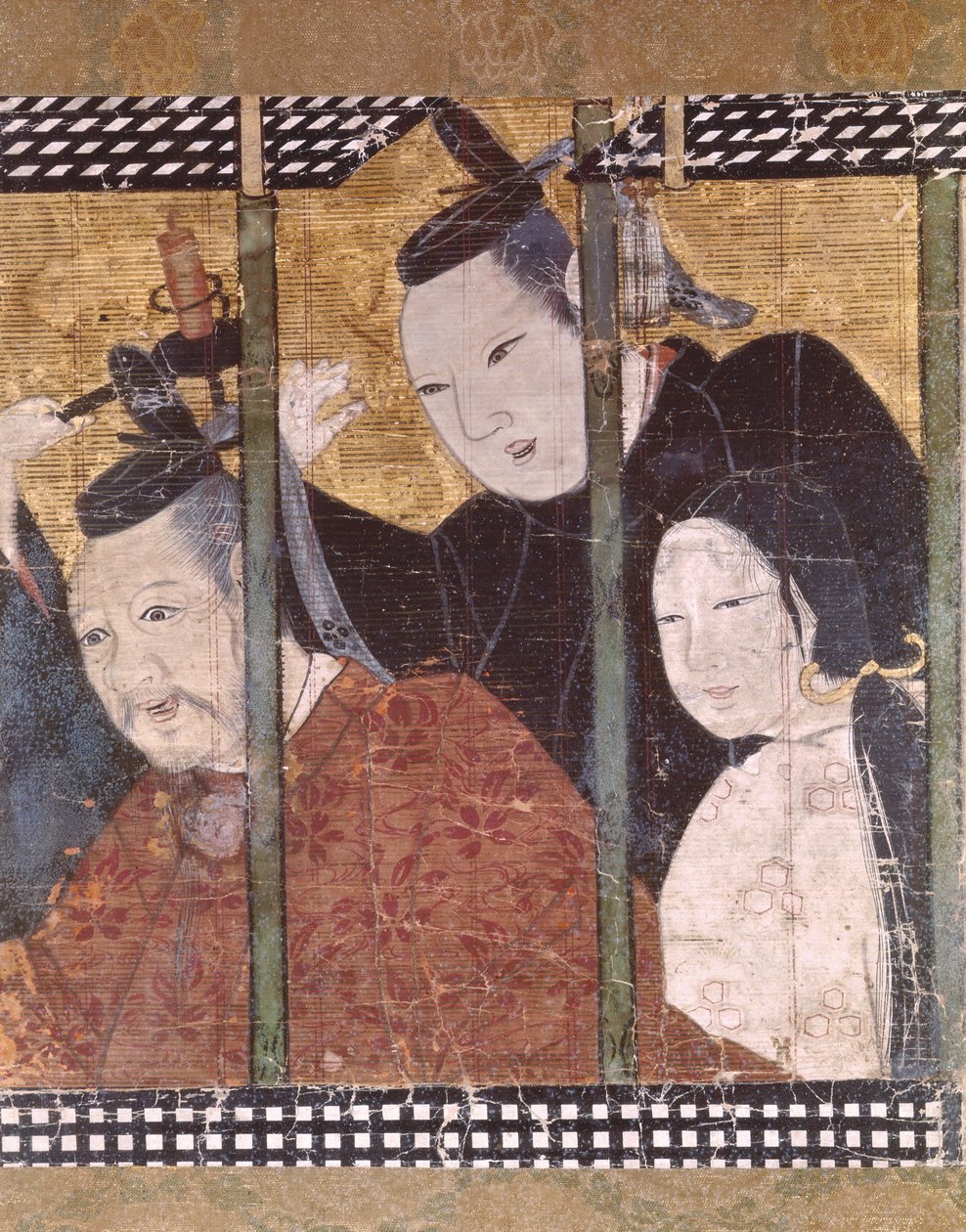 To menn og en kvinne bak en markise, detalj fra en skjerm, 1400-1700-tallet av Japanese School