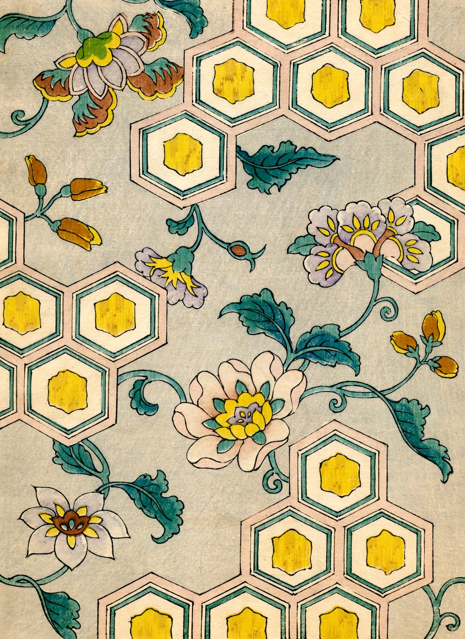 Blomstrer på en honeycomb-bakgrunn av Japanese School
