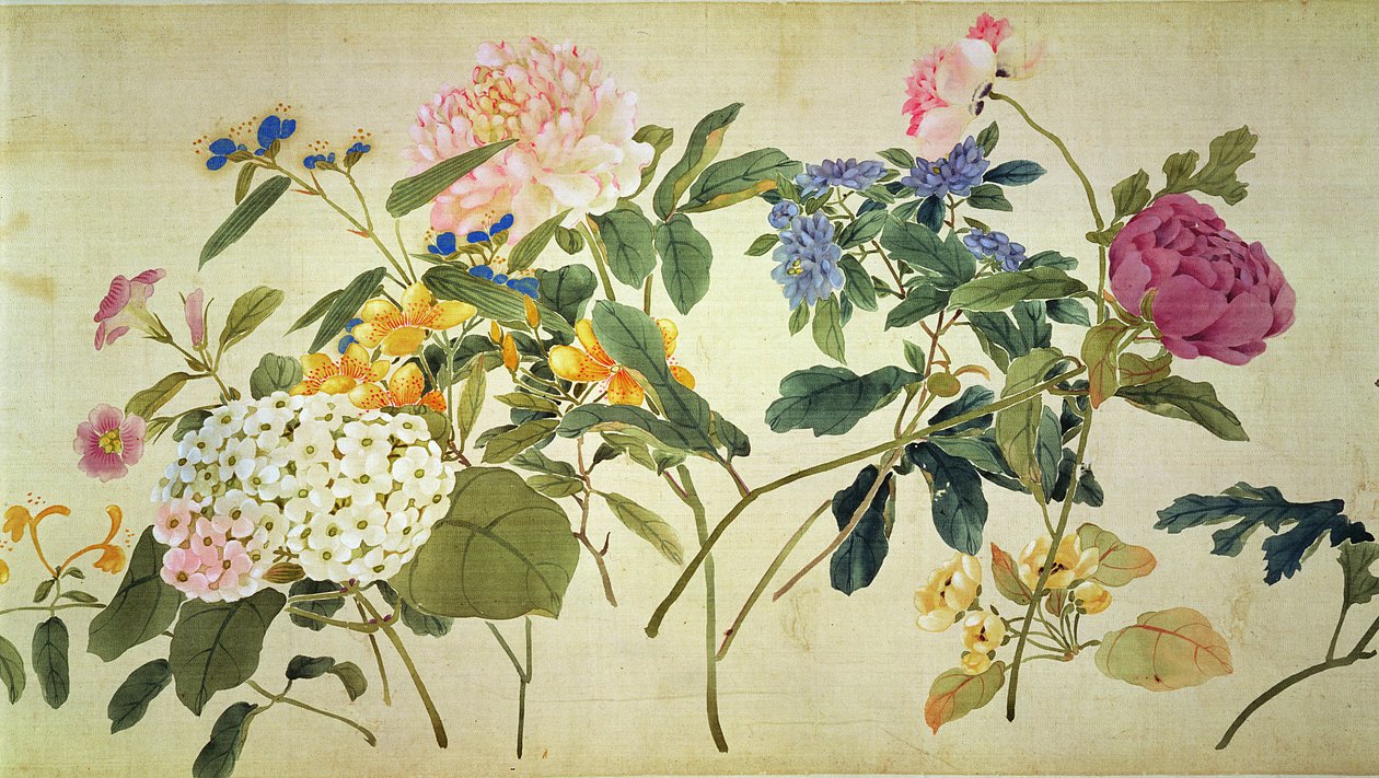 Botanisk studie av blomster (wc på silke) av Japanese School