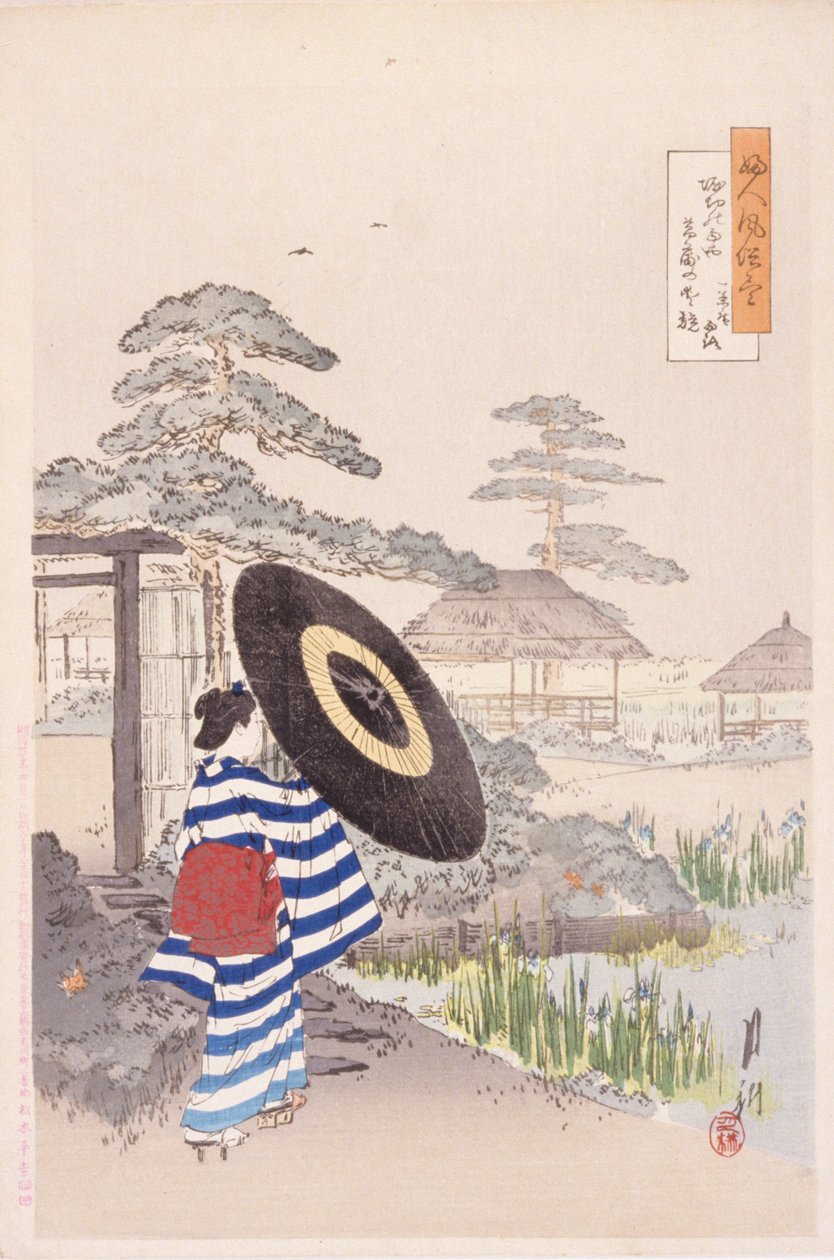Lady With A Parasol (farget treblokktrykk) av Japanese School