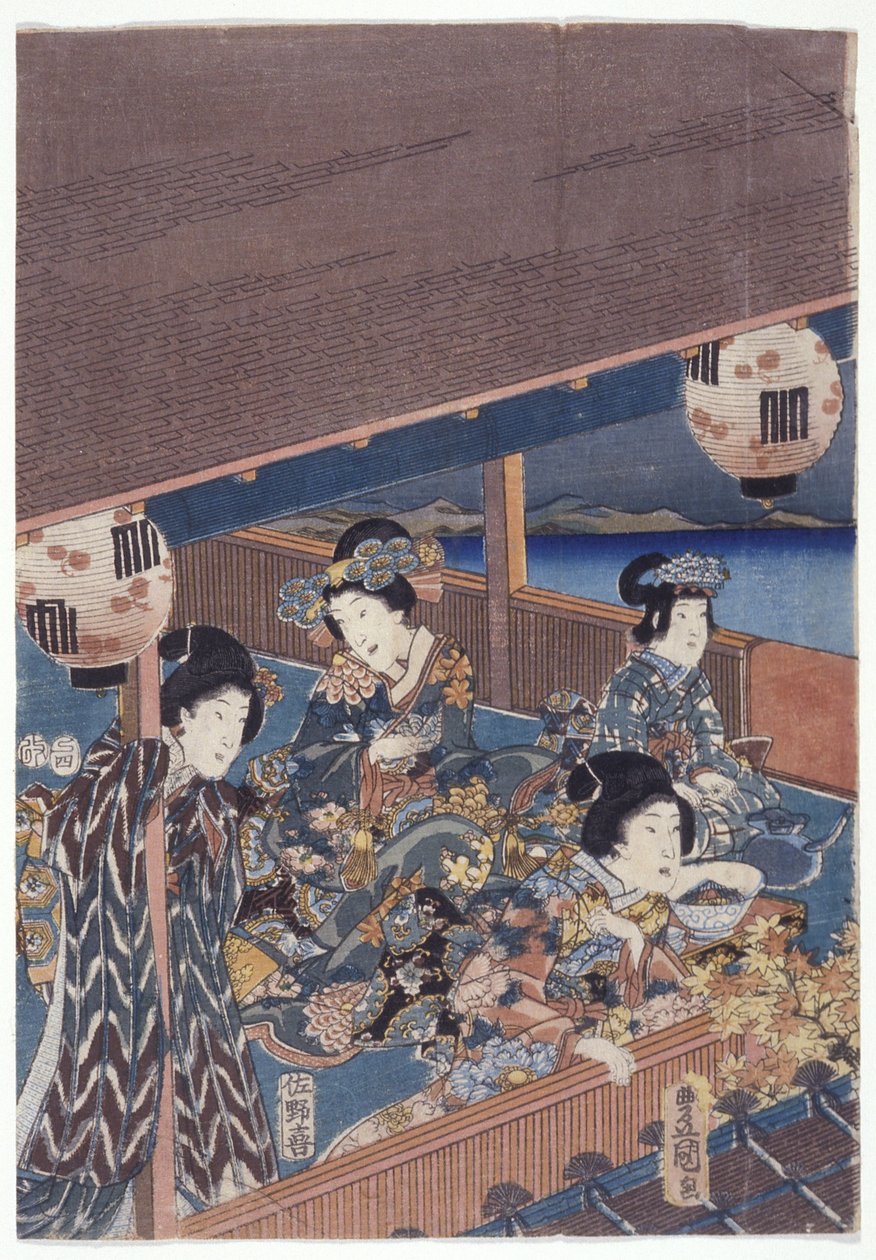 En del av Genji Triptych (fargetresnitt) av Japanese School
