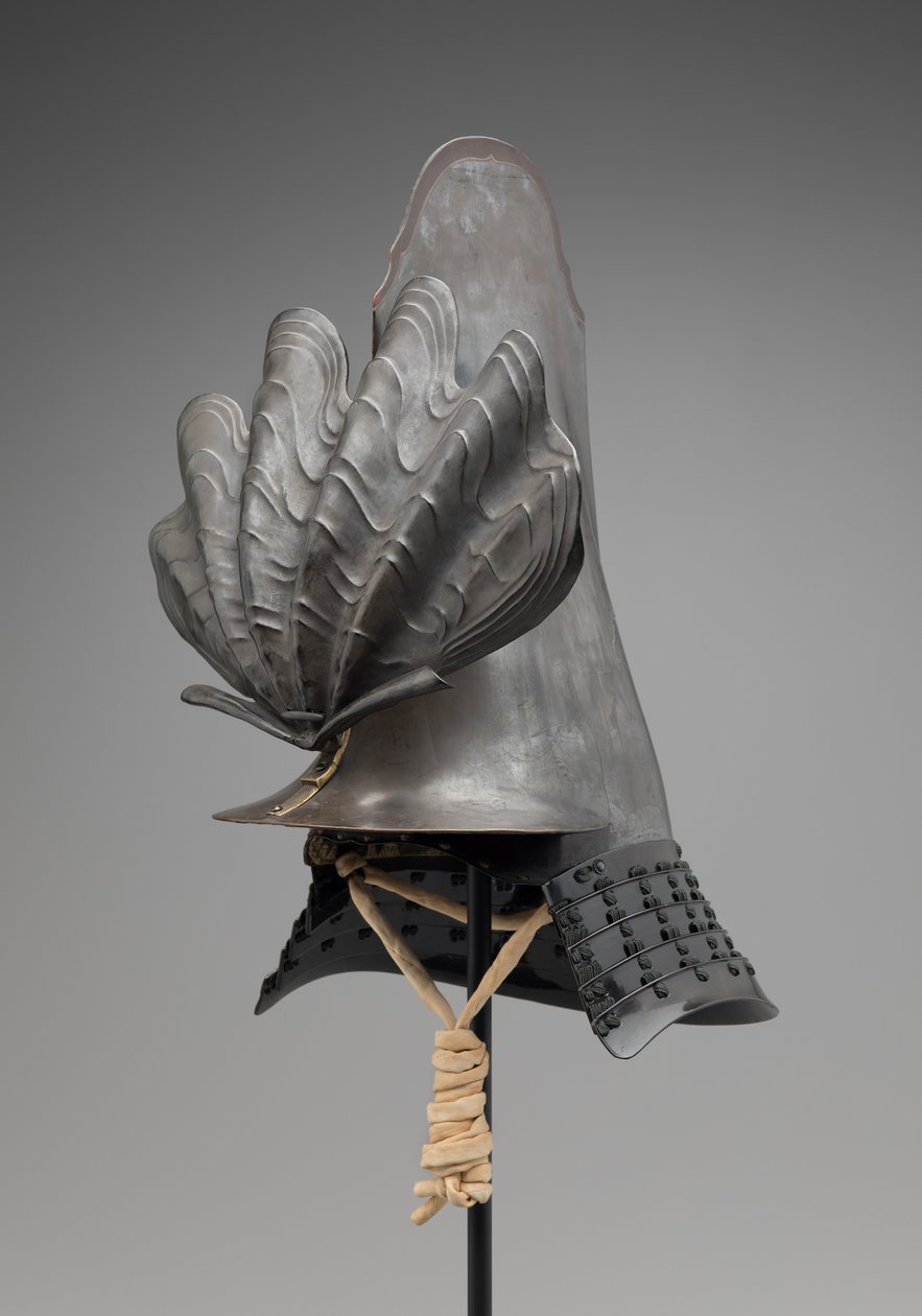 Samurai hjelm (tre, lakk, metall og fiber) av Japanese School