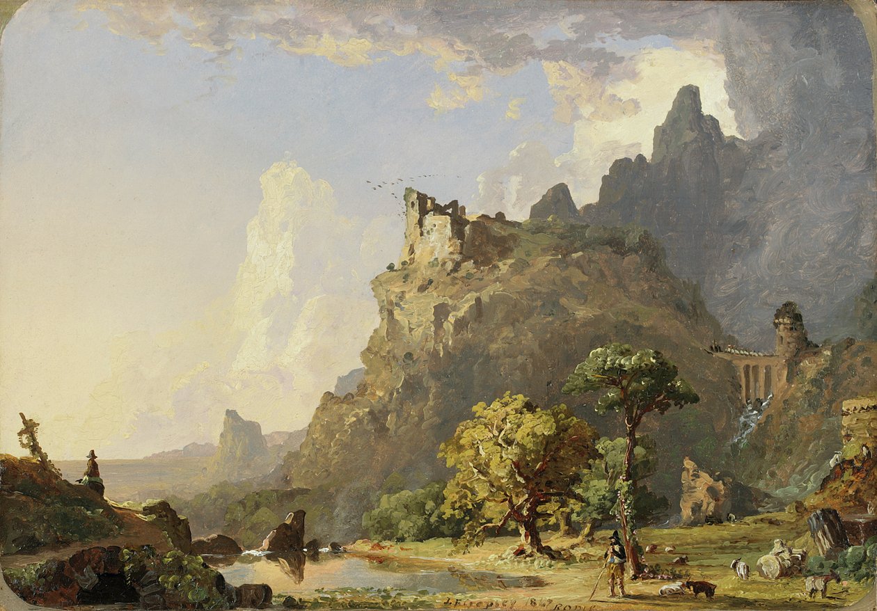 Italiensk landskap nær Roma: Study for Mountain Stream, 1847 (olje på papir, lagt på lerret) av Jasper Francis Cropsey