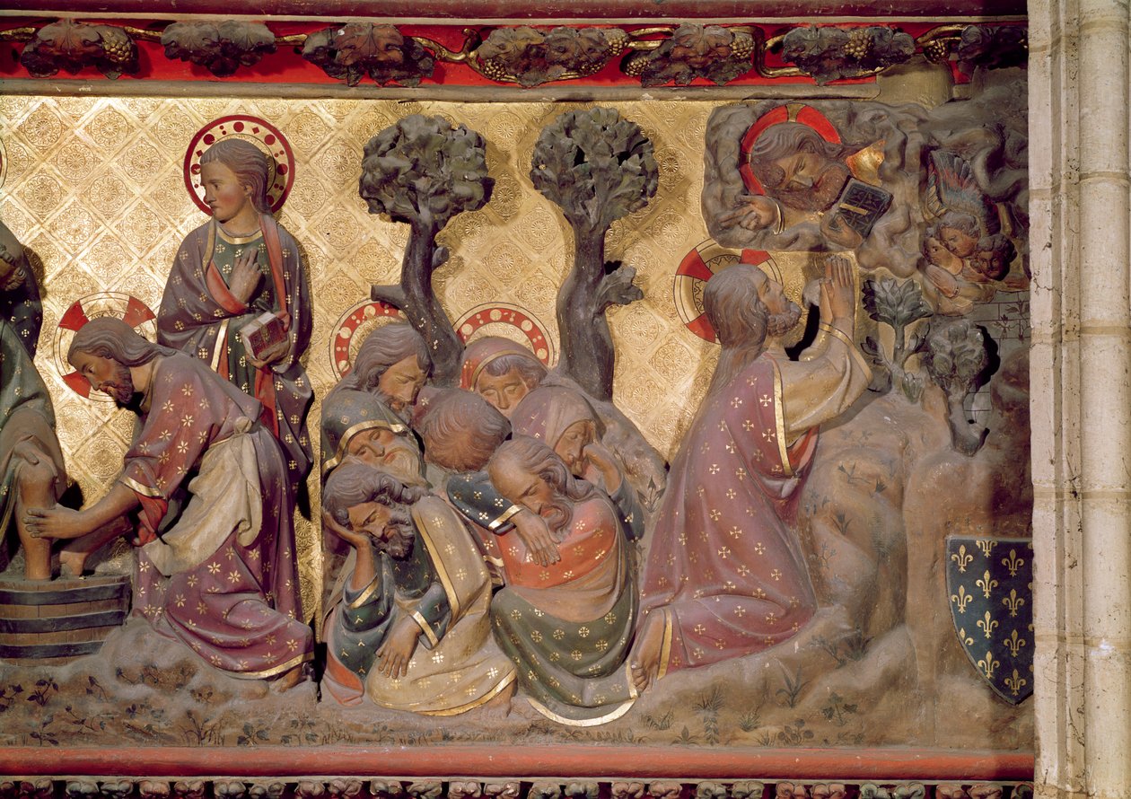 Detalj av Kristus som vasker apostlenes føtter i olivenhagen, 1340-51 malt stein av Jean and Jean Le Boutellier Ravy