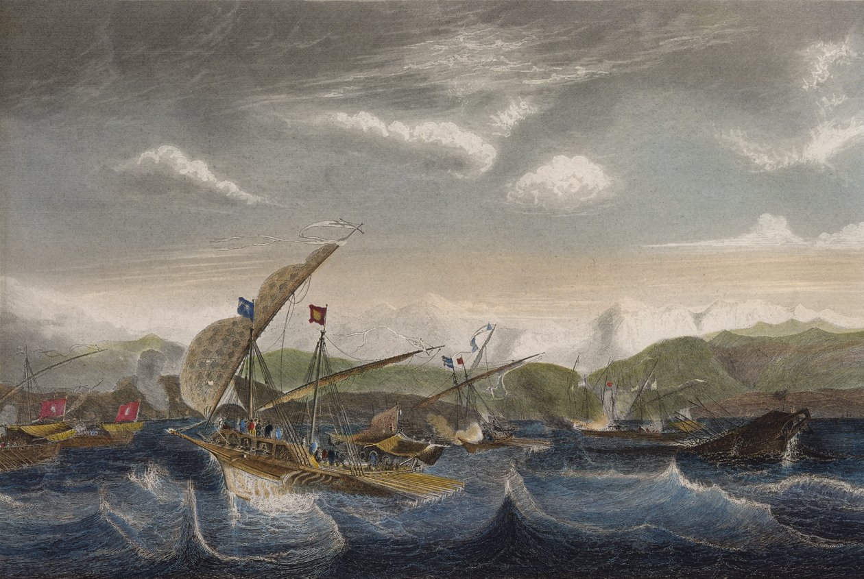 Andrea Doria spredte den spanske flåten foran Var-munningen i 1524 (fargegravering) av Jean Antoine Theodore Gudin