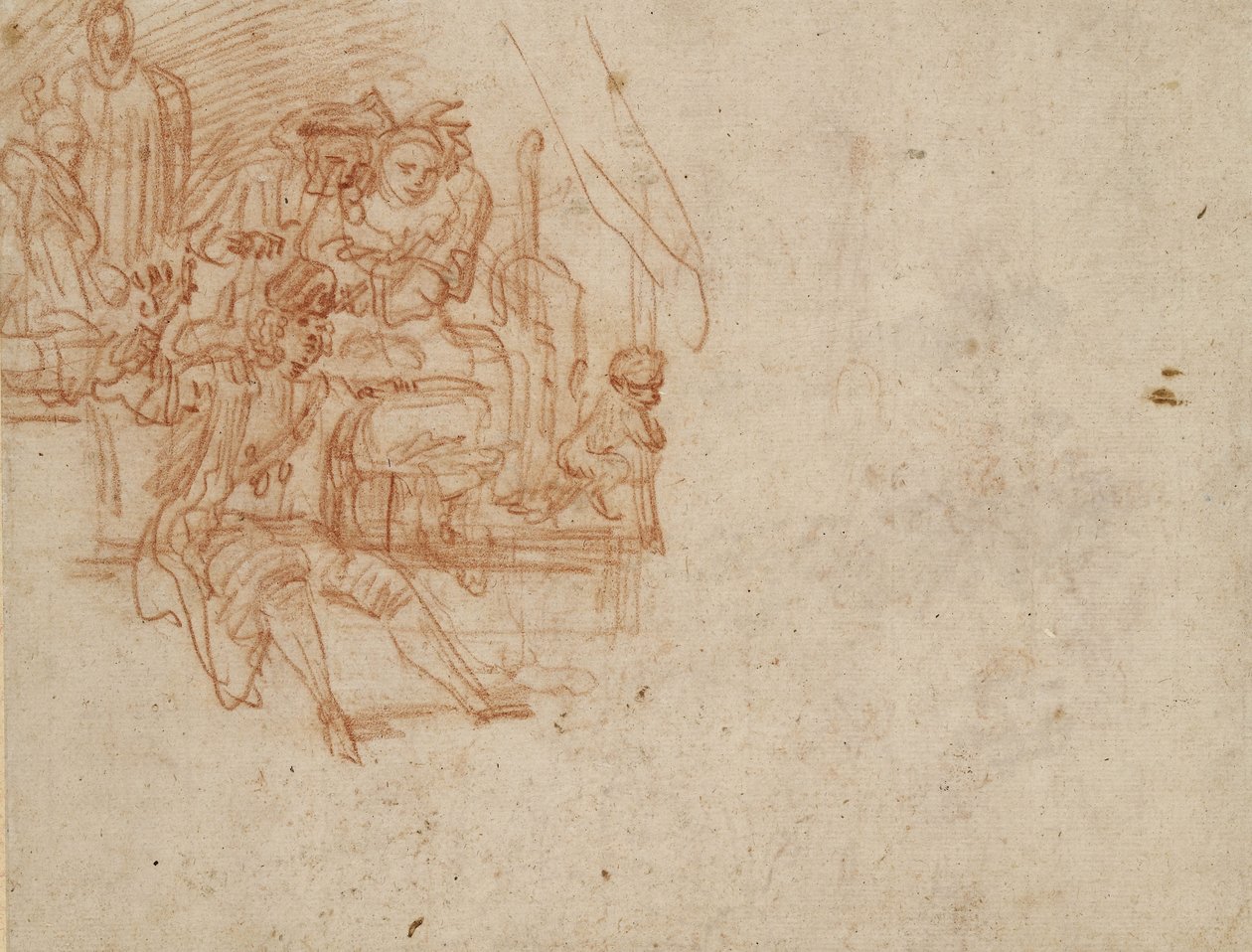 Verso; Quack Doctor satt på scenen og solgte varene sine (rødt kritt på papir) av Jean Antoine Watteau