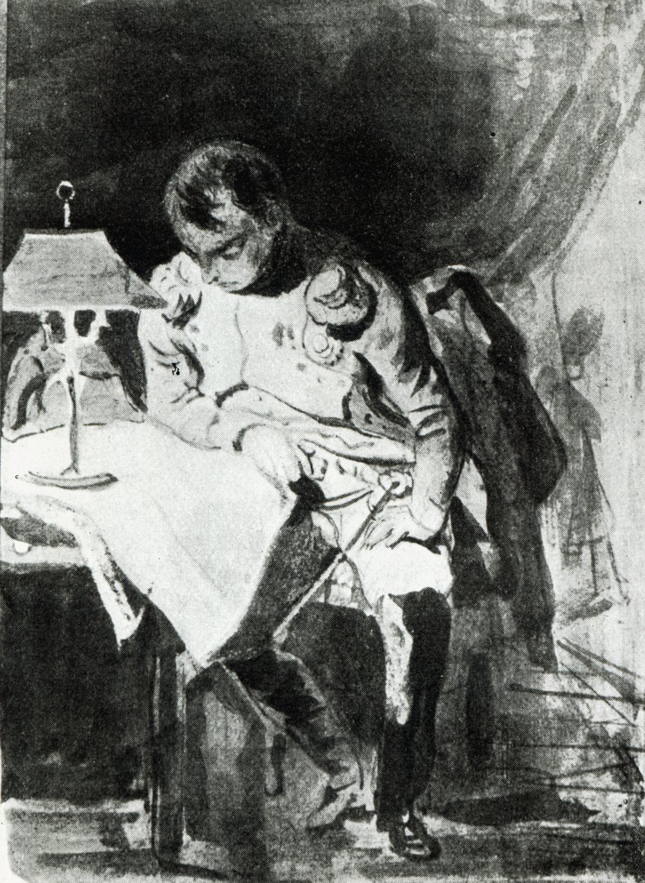 Napoleon studerer kartene sine ved lampelys, ca. 1800 (blekk fra India) av Jean Auguste Dominique Ingres