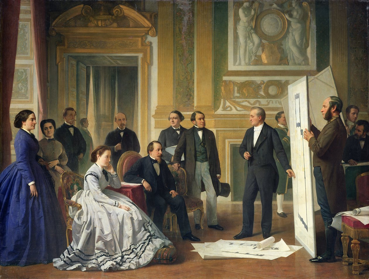 Louis Visconti (1791-1853) presenterer de nye planene for Louvre for Napoleon III (1808-73) 1853 av Jean Baptiste Ange Tissier