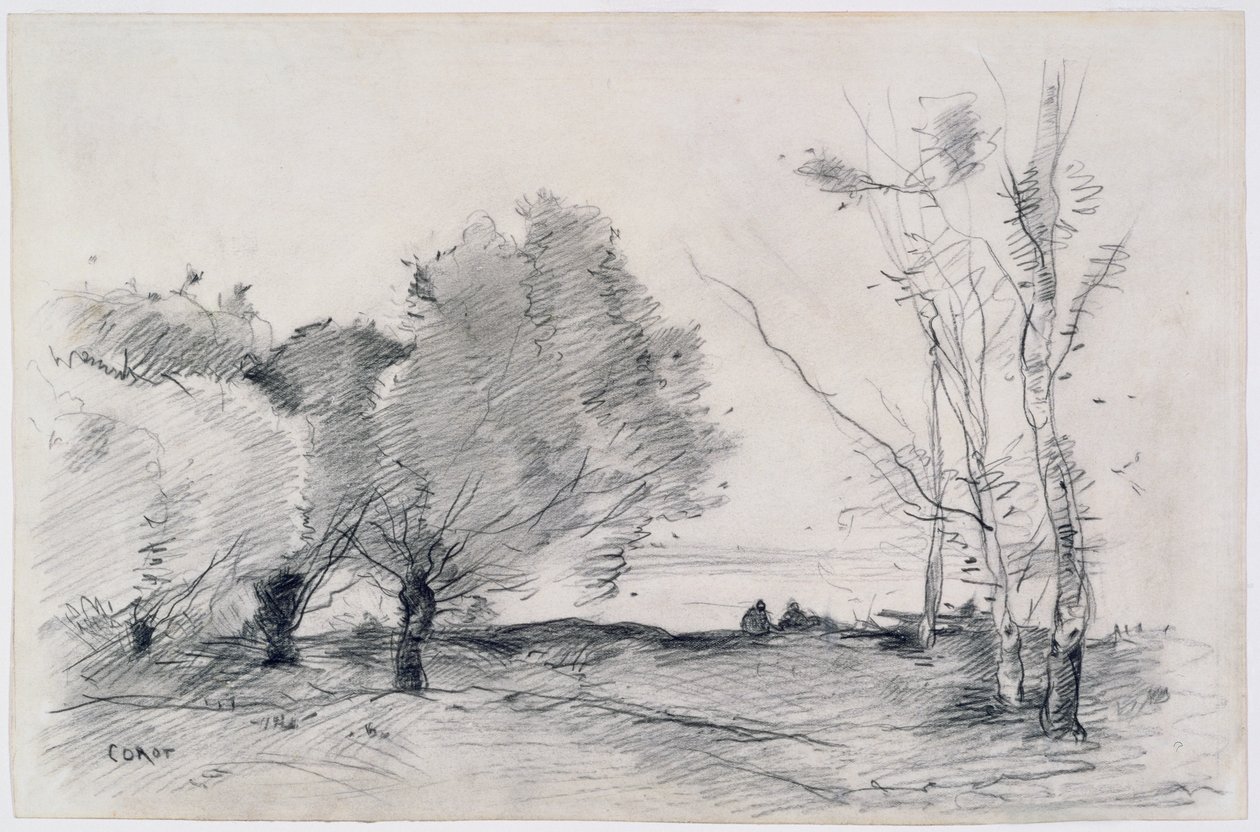 Landskap, 1860-68 (blyant og fargestift på papir) av Jean Baptiste Camille Corot