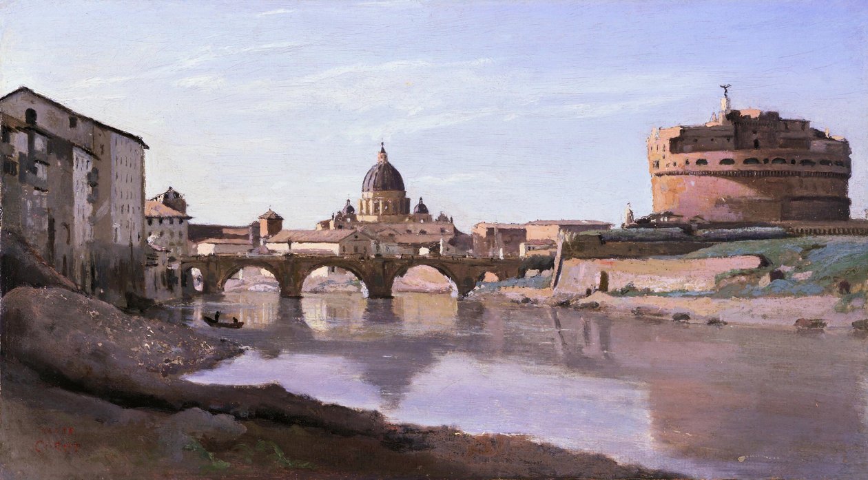 Broen og Castel SantAngelo med kuppelen til St. Peters av Jean Baptiste Camille Corot