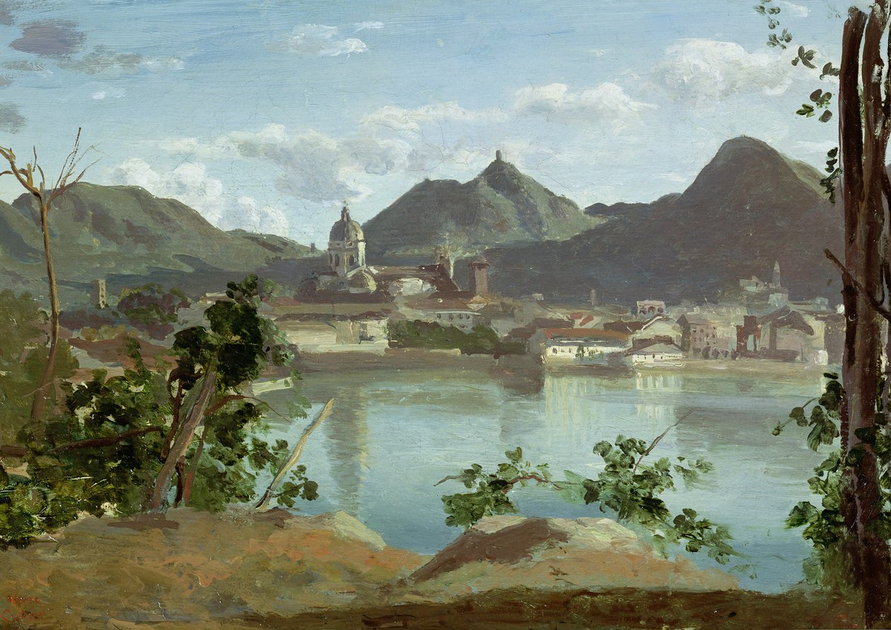 Byen og Comosjøen, 1834 av Jean Baptiste Camille Corot
