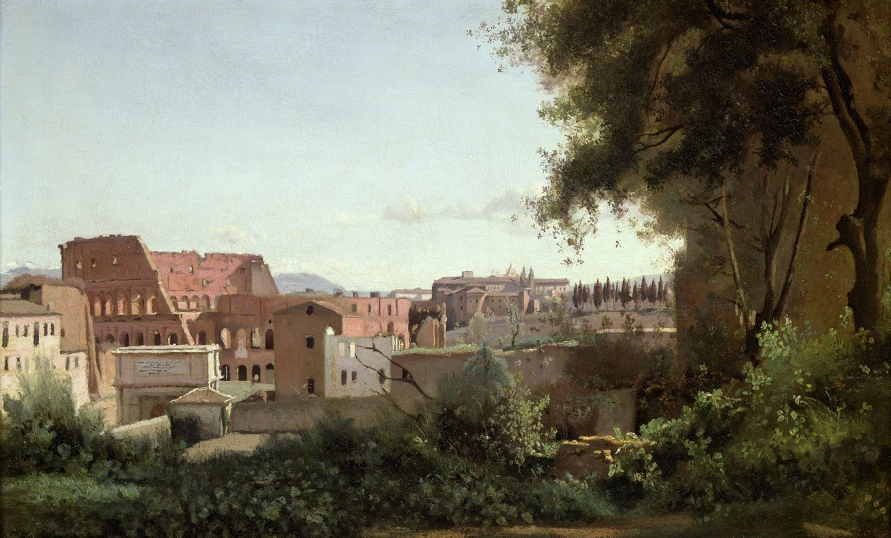 Utsikt over Colosseum fra Farnese Gardens, 1826 (olje på papir lagt på lerret) av Jean Baptiste Camille Corot