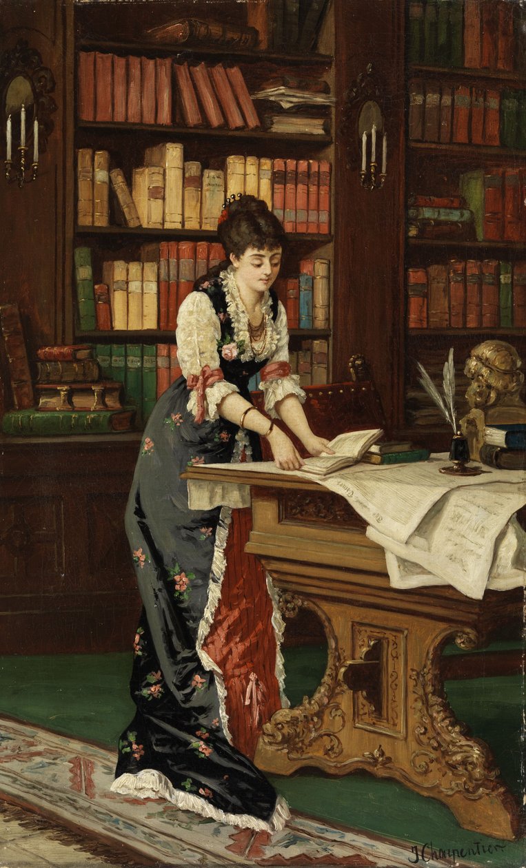 Ung kvinne som leser i et bibliotekrom av Jean Baptiste II Charpentier