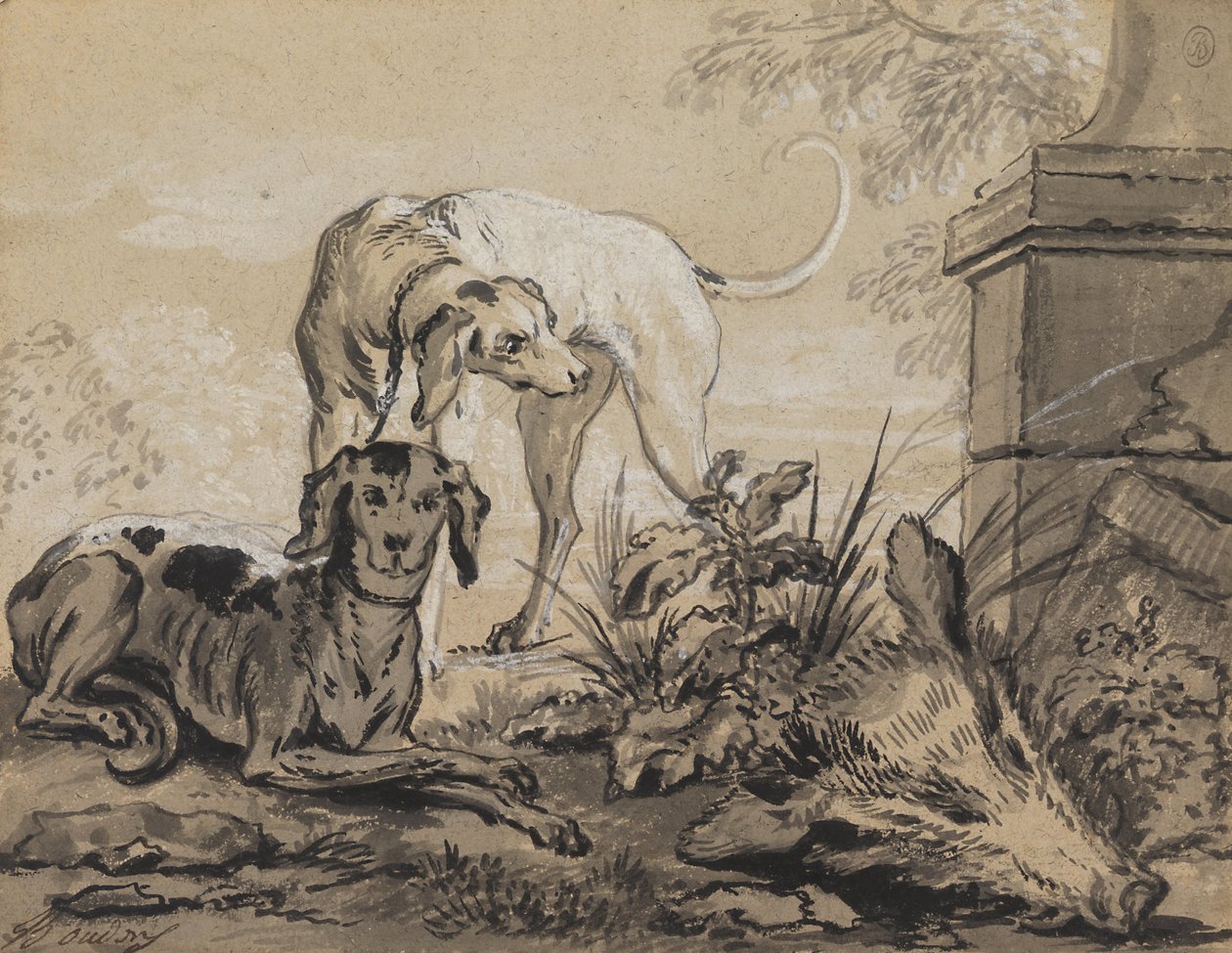 Etter jakten- to hunder ved siden av et ornerhode av Jean Baptiste Oudry