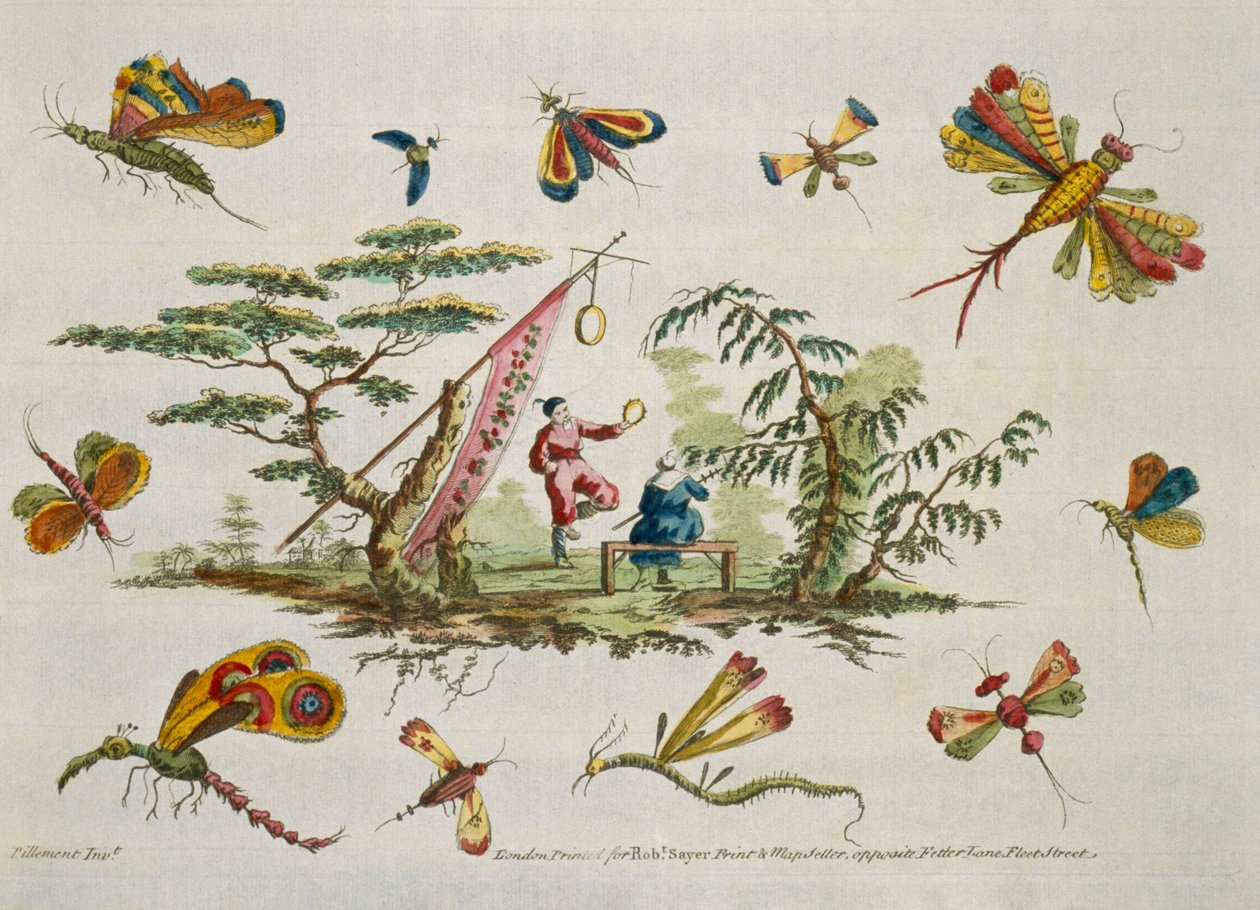 Illustrasjon som viser sommerfugler og to sentrale figurer iført japanske klær fra For Ladies Amusement..Art of Japanning. Pillement, Jean Baptiste (1728-1808) av Jean Baptiste Pillement