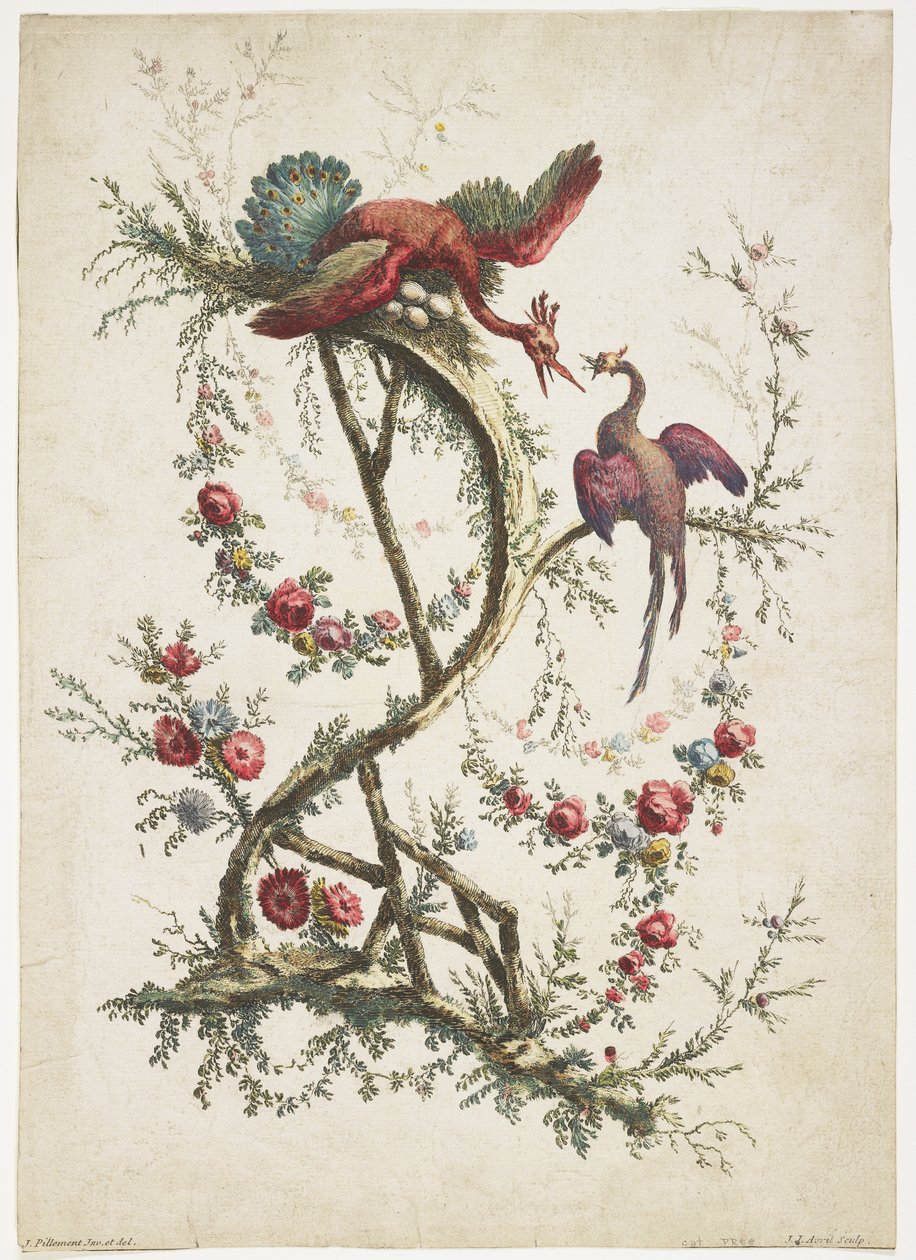 Ornament. Chinoiserie. Blomster og fugler., 1770 av Jean Baptiste Pillement