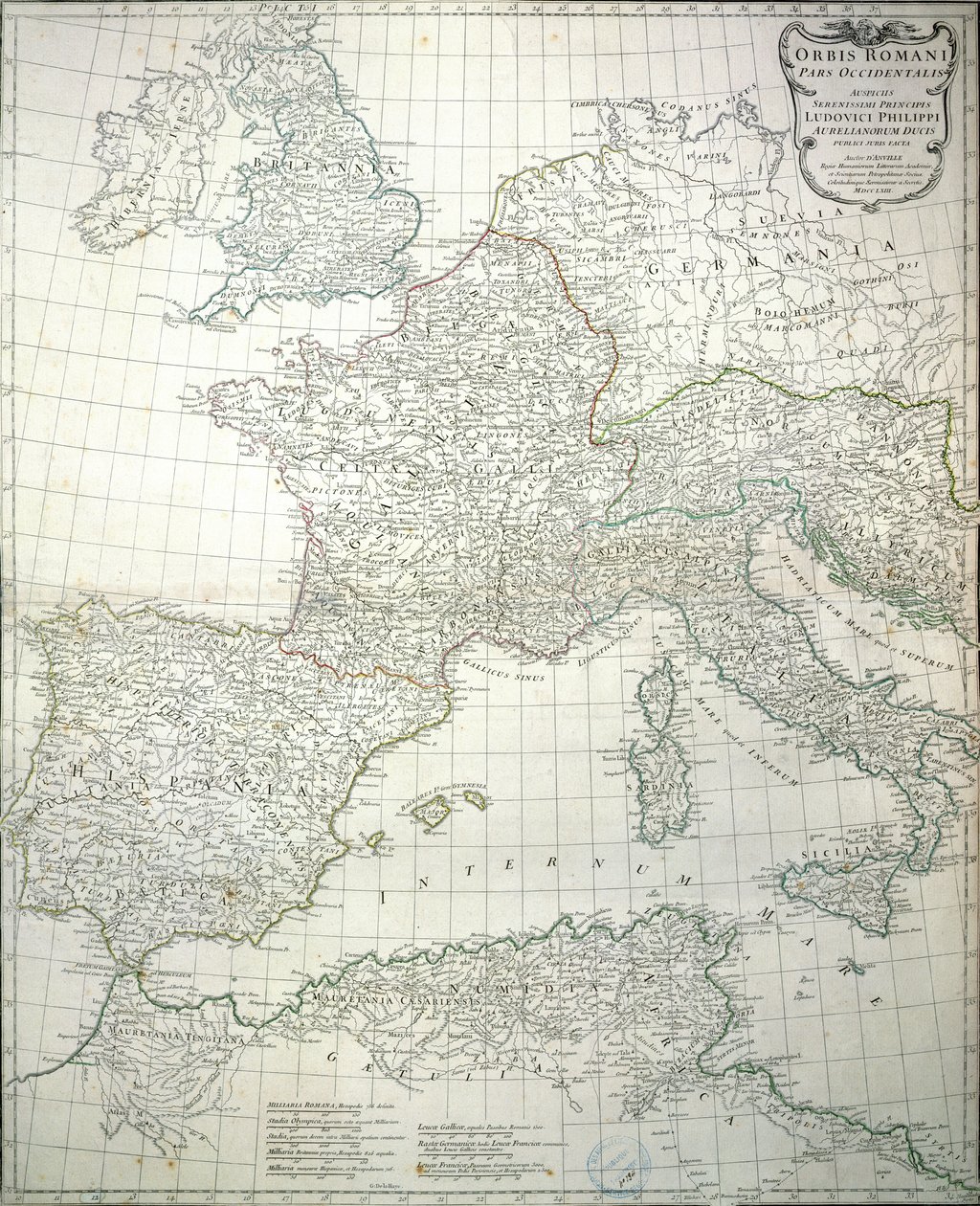 Kart over den vestlige delen av Romerriket, 1763 av Jean Baptiste d