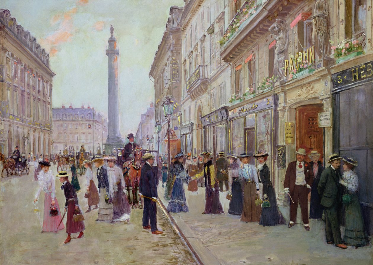 Arbeidere som forlater Maison Paquin, i rue de la Paix, ca. 1900 av Jean Beraud