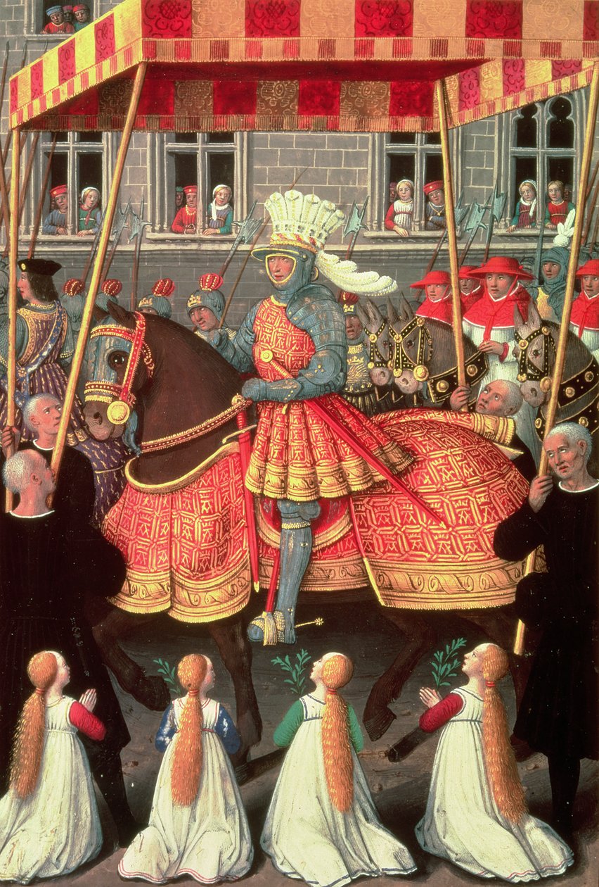 Ludvig XII (1462-1515) går inn i Genova under en baldakin, etterfulgt av fire kardinaler, fra 