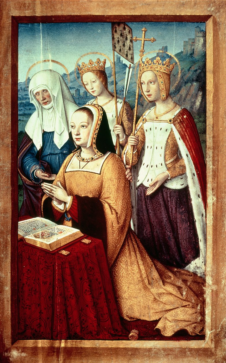 Ms lat 9474 f.3v Anne av Bretagne med St. Anne, St. Ursula og St. Helen, miniatyr fra Grandes Heures av Anne av Bretagne, ca. 1503-8 av Jean Bourdichon