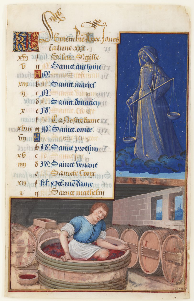Jomfru og tredende druer, kalender for festdagene feiret i september, ca. 1500 av Jean Bourdichon