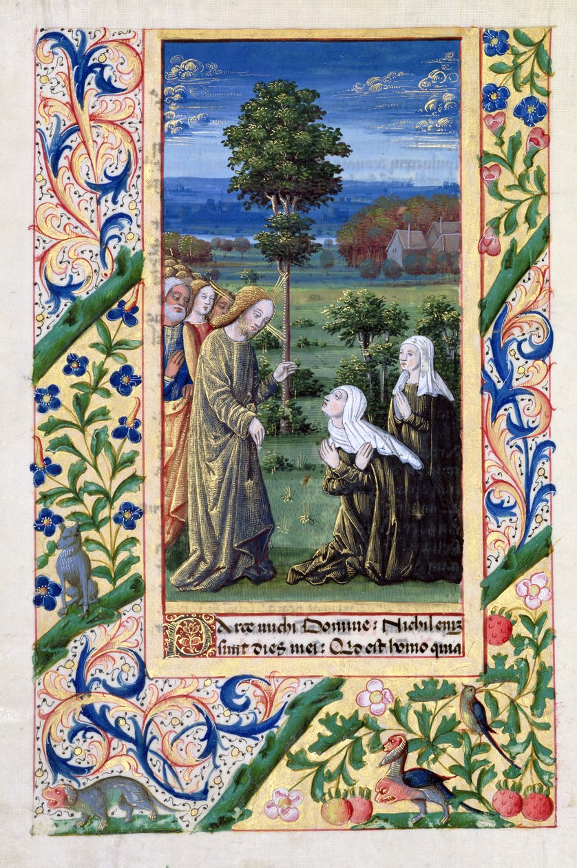 Ms Lat. Q.v.I.126 f.69v Marta og Maria forteller Jesus om Lasarus