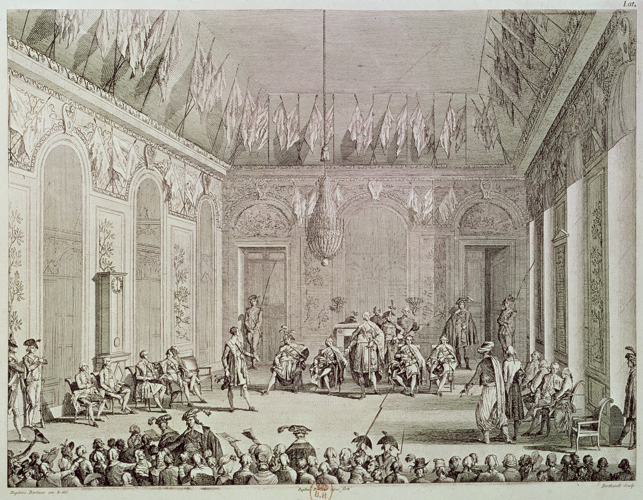 The Formal Audience of the Directory, 30. Brumaire An IV (20. november 1795) gravert av Pierre Gabriel Berthault (1748-1819) av Jean Duplessi Bertaux
