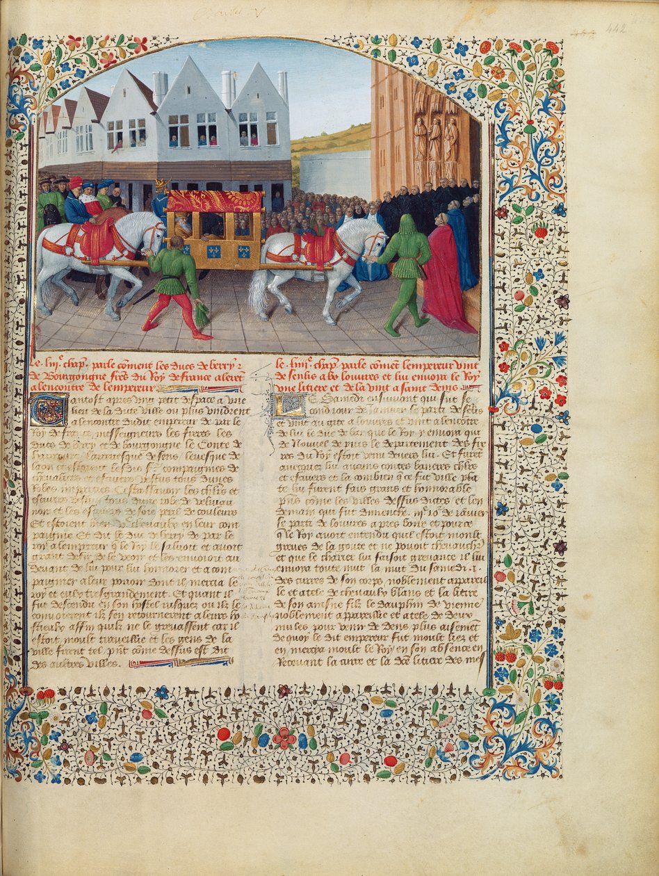 Fr 6465 fol.442 Ankomst av keiser Charles IV (1316-78) til basilikaen Saint-Denis, fra Grandes Chroniques de France, ca. 1460 (se også 192993) av Jean Fouquet