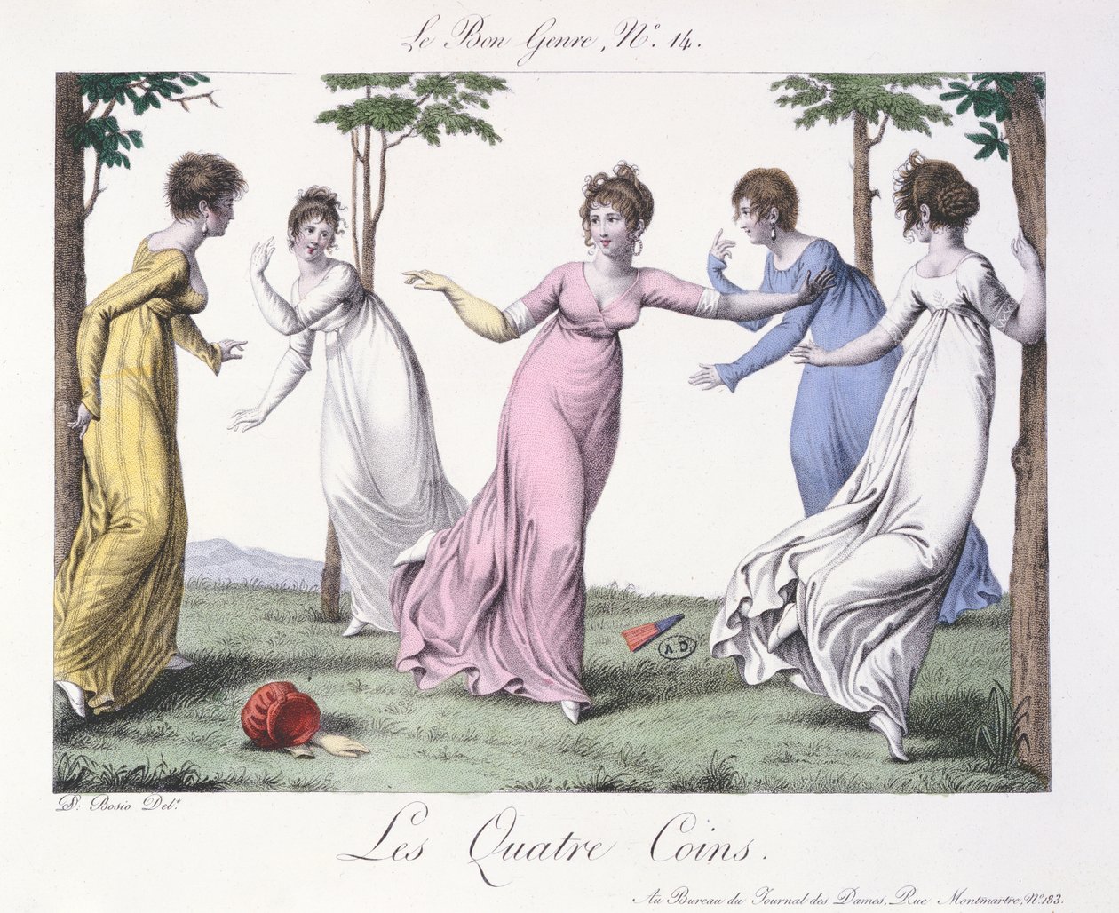 'Les Quatre Coins', illustrasjon fra 'Le Bon Genre', tidlig på det nittende århundre (fargegravering) av Jean Francois Bosio