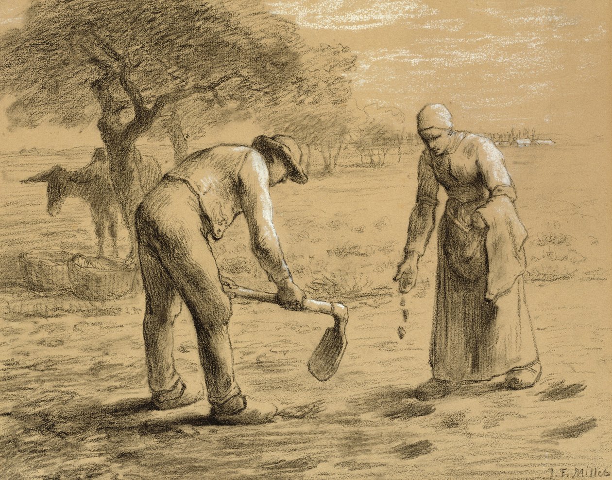 Bønder som planter poteter (blyant og kritt på papir) av Jean Francois Millet