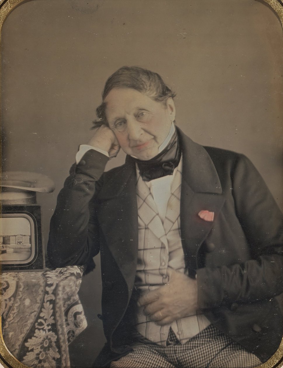 Selvportrett med en Daguerreotype av Genève av Jean Gabriel Eynard