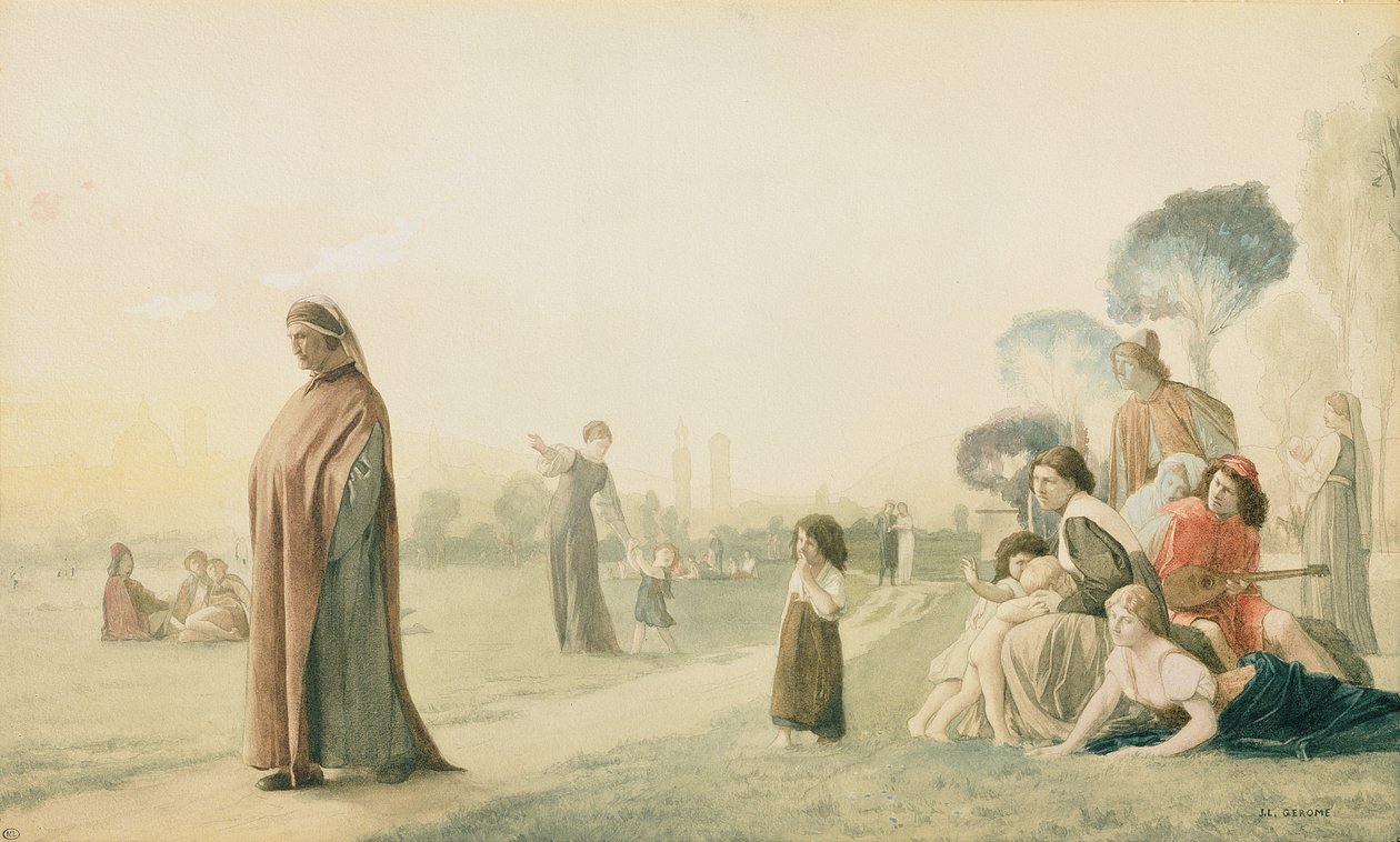 Dante (1265-1321) Mediterer i Cascine Garden, Firenze av Jean Leon Gerome