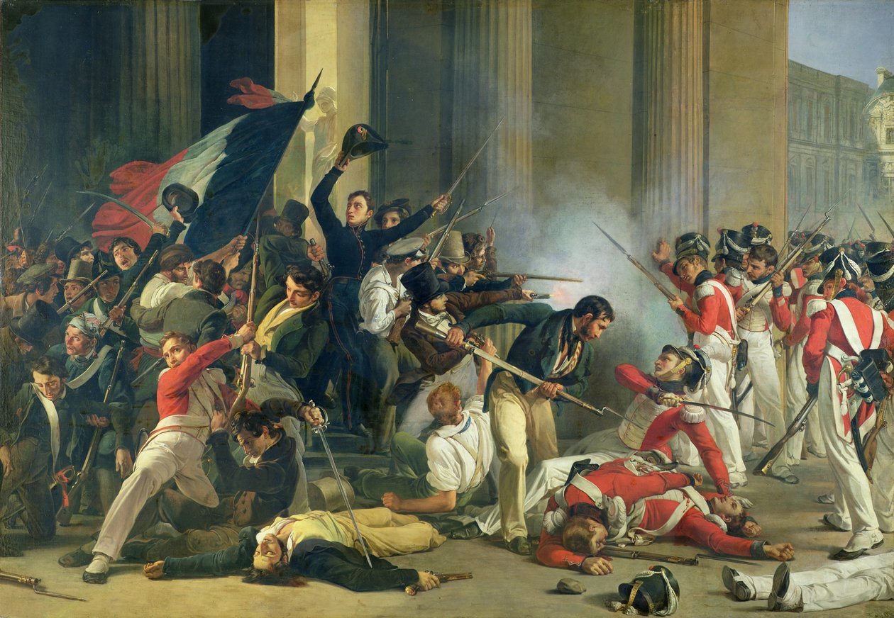 Scene fra 1830-revolusjonen ved Louvre av Jean Louis Bezard