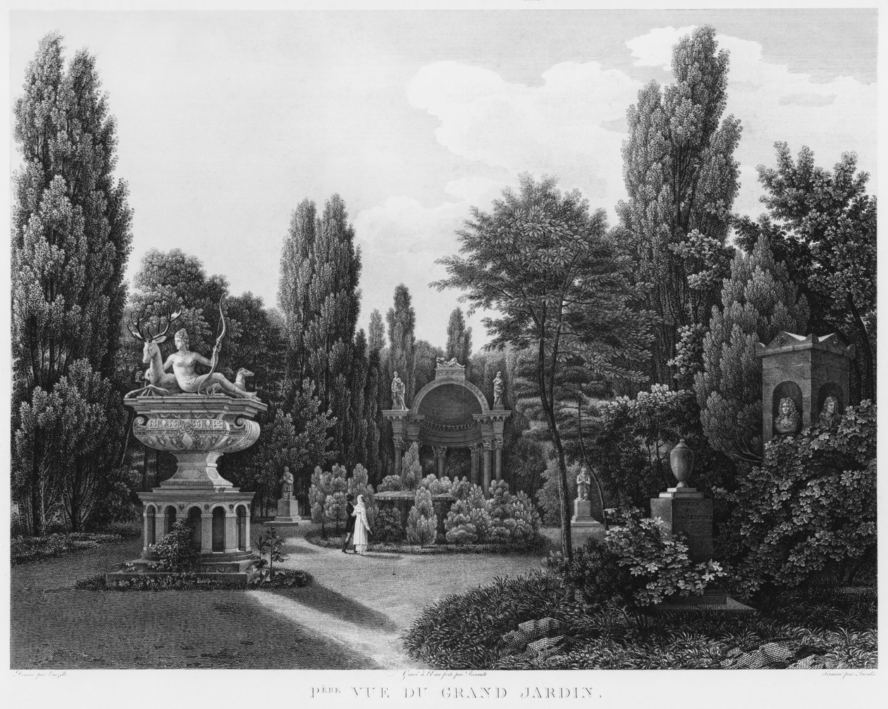 Første visning av den store hagen, Musee des Monuments Francais, Paris, illustrasjon fra "Picturesque views and perspectives of the rooms of the Musee des Monuments Francais and the main works ...", eng av Jean Lubin Vauzelle